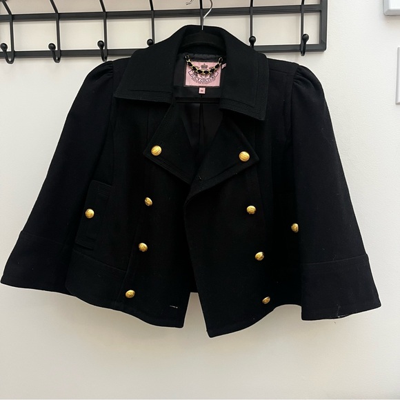 Juicy Couture Jackets & Blazers - Vintage Juicy Couture Black Cropped Double Breasted Wool Pea Coat | Gold Accents
